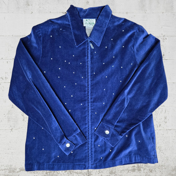 90s Vintage Blue Velvet Rhinestone The Quacker Factory Zip Up Sweater Size Large - Picture 1 of 7